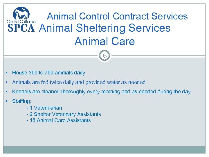 Animal Control Contract Services Animal Sheltering Services Animal Care 15 • House 300 to