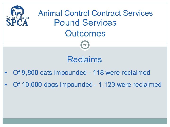 Animal Control Contract Services Pound Services Outcomes 20 Reclaims • Of 9, 800 cats