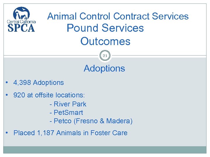 Animal Control Contract Services Pound Services Outcomes 21 Adoptions • 4, 398 Adoptions •