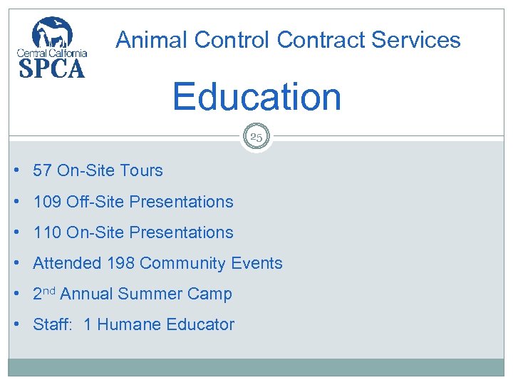 Animal Control Contract Services Education 25 • 57 On-Site Tours • 109 Off-Site Presentations