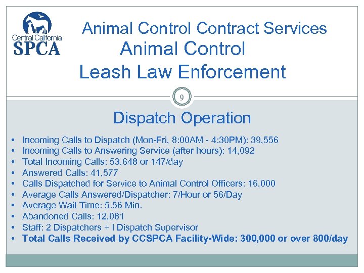 Animal Control Contract Services Animal Control Leash Law Enforcement 9 Dispatch Operation • •