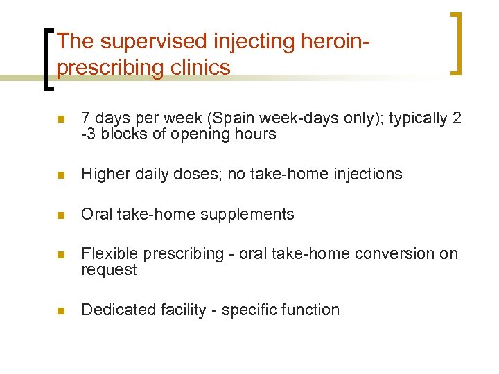 The supervised injecting heroinprescribing clinics n 7 days per week (Spain week-days only); typically