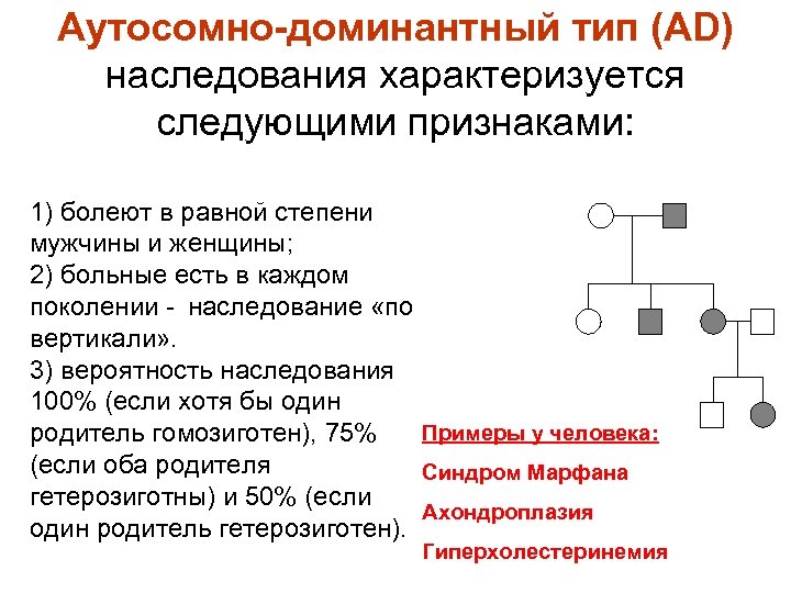 Аутосомно-доминантный тип (AD) наследования характеризуется следующими признаками: 1) болеют в равной степени мужчины и
