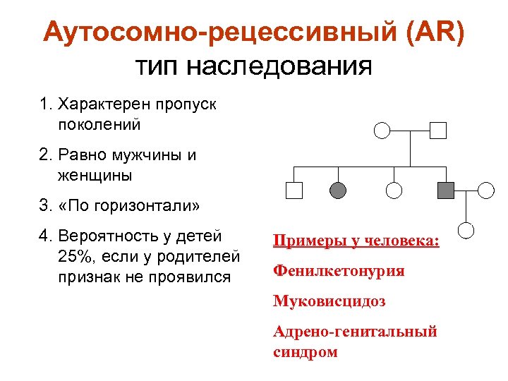 Аутосомно-рецессивный (AR) тип наследования 1. Характерен пропуск поколений 2. Равно мужчины и женщины 3.
