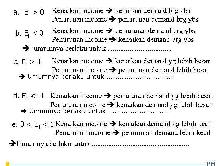 a. Ei > 0 Kenaikan income kenaikan demand brg ybs Penurunan income penurunan demand