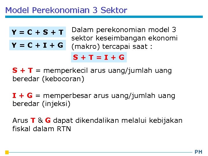 Model Perekonomian 3 Sektor Y=C+S+T Y=C+I+G Dalam perekonomian model 3 sektor keseimbangan ekonomi (makro)