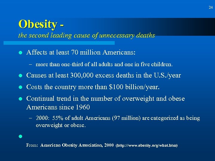 24 Obesity the second leading cause of unnecessary deaths l Affects at least 70