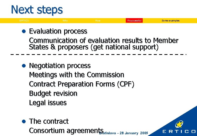 Next steps ERTICO Why How If successful Some examples l Evaluation process Communication of