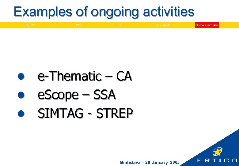 Examples of ongoing activities ERTICO Why How If successful e-Thematic – CA l e.