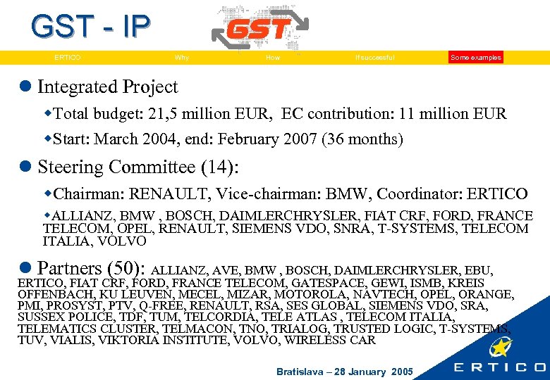 GST - IP ERTICO Why How If successful Some examples l Integrated Project w.