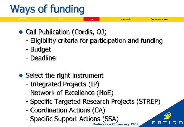 Ways of funding ERTICO Why How If successful Some examples l Call Publication (Cordis,