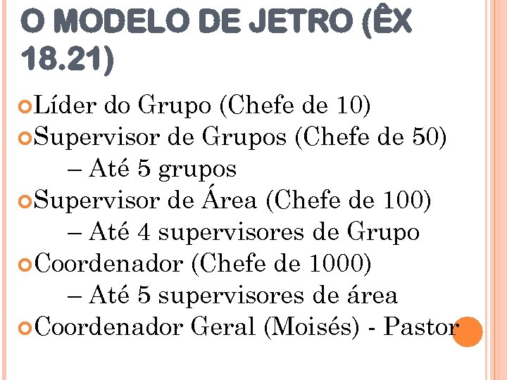 O MODELO DE JETRO (ÊX 18. 21) Líder do Grupo (Chefe de 10) Supervisor