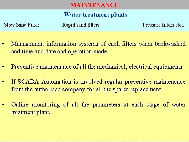 MAINTENANCE Water treatment plants Slow Sand Filter Rapid sand filters Pressure filters etc. ,