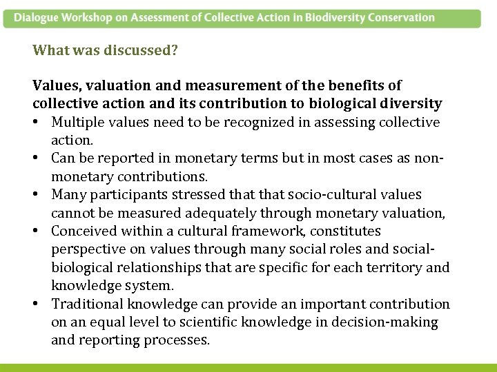 What was discussed? Values, valuation and measurement of the benefits of collective action and