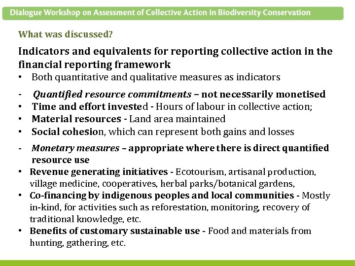 What was discussed? Indicators and equivalents for reporting collective action in the financial reporting