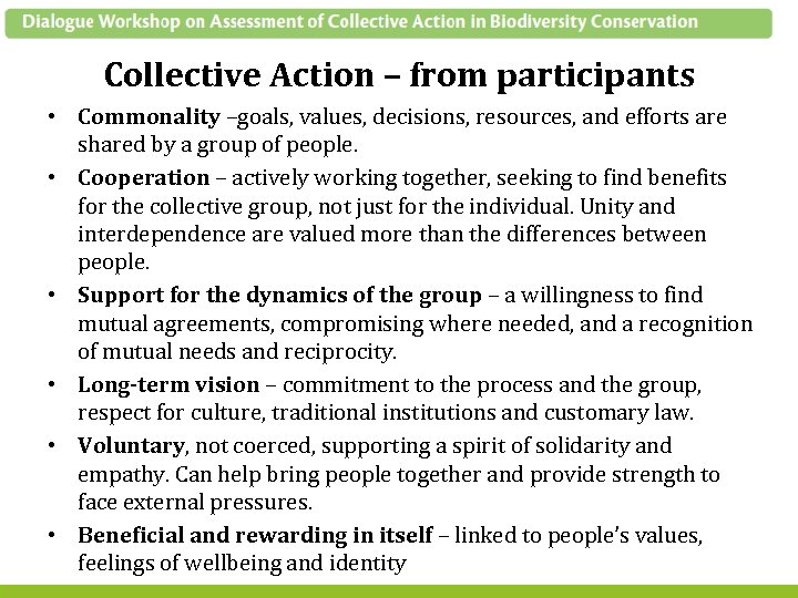 Collective Action – from participants • Commonality –goals, values, decisions, resources, and efforts are