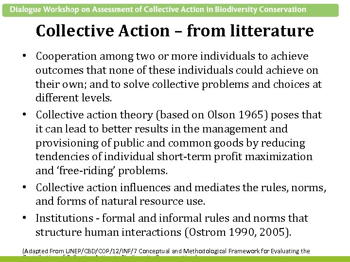 Collective Action – from litterature • Cooperation among two or more individuals to achieve