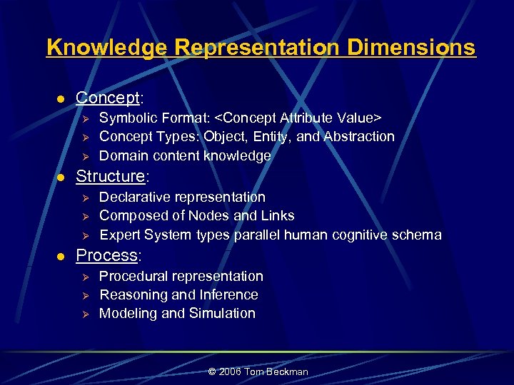 Knowledge Representation Dimensions l Concept: Ø Ø Ø l Structure: Ø Ø Ø l