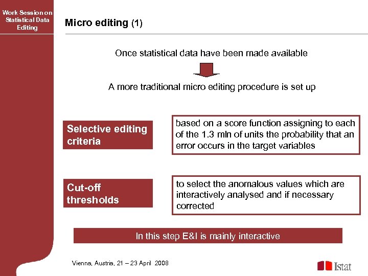 Work Session on Statistical Data Editing Micro editing (1) Once statistical data have been