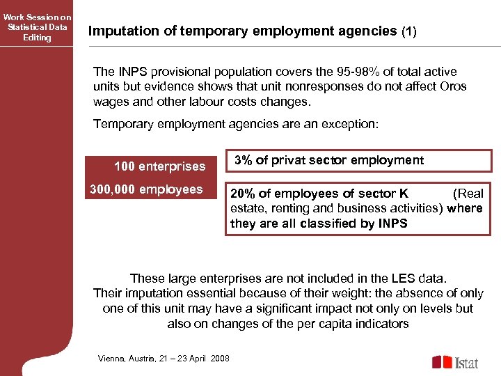 Work Session on Statistical Data Editing Imputation of temporary employment agencies (1) The INPS