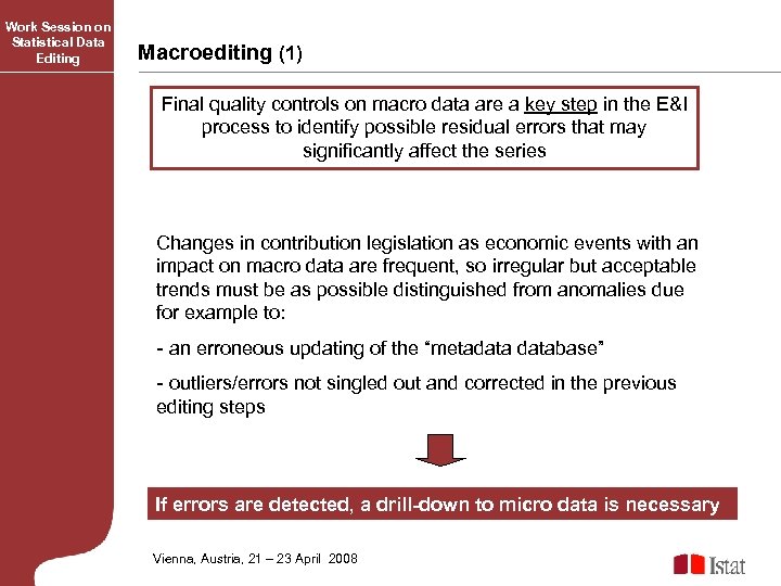 Work Session on Statistical Data Editing Macroediting (1) Final quality controls on macro data