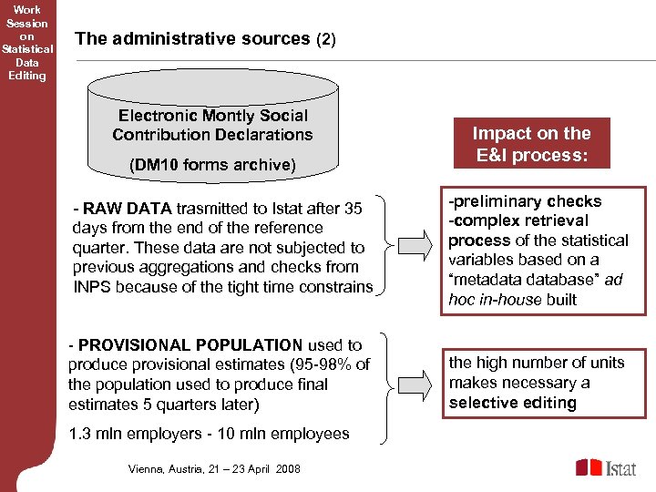 Work Session on Statistical Data Editing The administrative sources (2) Electronic Montly Social Contribution