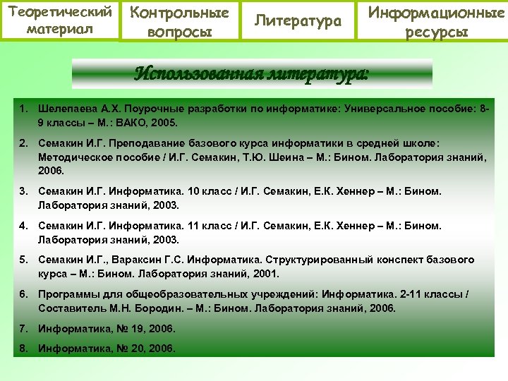 Теоретический материал Контрольные вопросы Литература Информационные ресурсы Использованная литература: 1. Шелепаева А. Х. Поурочные