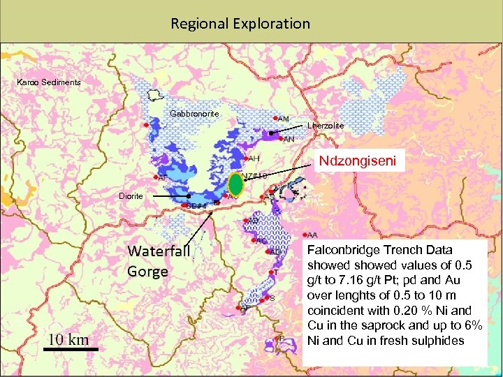 Regional Exploration Karoo Sediments Gabbronorite Lherzolite Ndzongiseni Diorite Falconbridge Trench Data showed values of