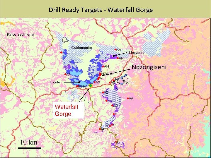 Drill Ready Targets - Waterfall Gorge Karoo Sediments Gabbronorite Lherzolite Diorite Waterfall Gorge 