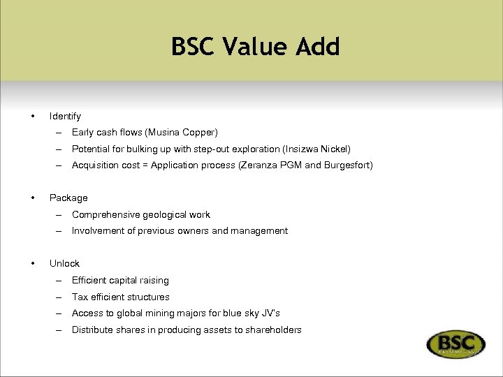 BSC Value Add • Identify – Early cash flows (Musina Copper) – Potential for