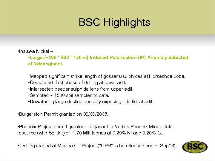 BSC Highlights • Insizwa Nickel – • Large (~400 * 150 m) Induced Polarisation