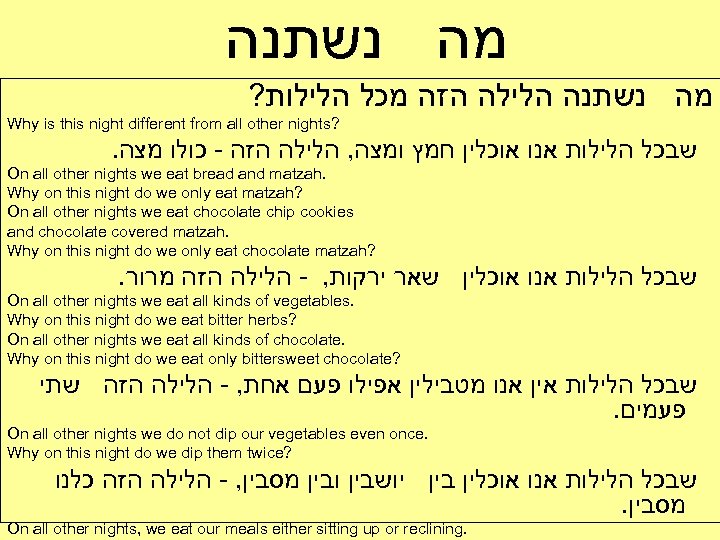  מה נשתנה ? מה נשתנה הלילה הזה מכל הלילות Why is this night