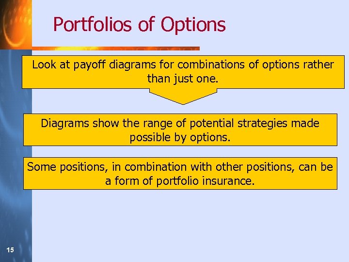 Portfolios of Options Look at payoff diagrams for combinations of options rather than just