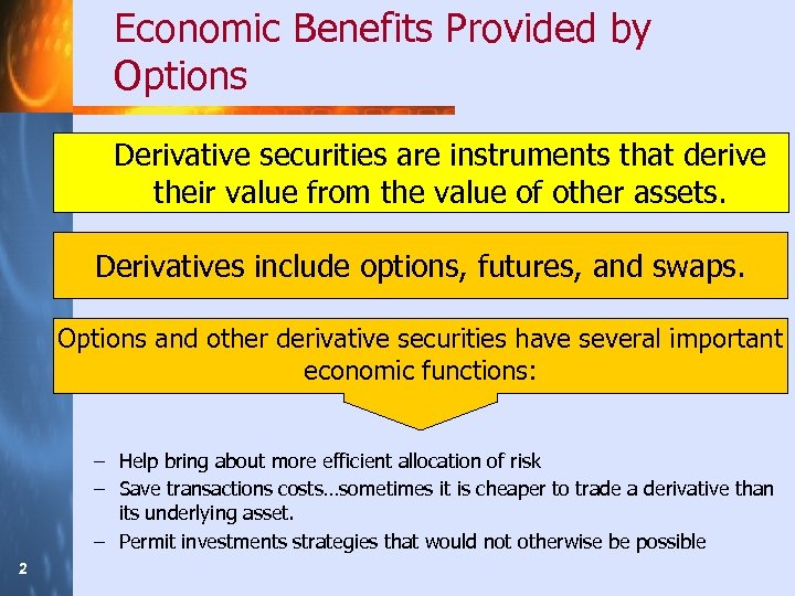 Economic Benefits Provided by Options Derivative securities are instruments that derive their value from