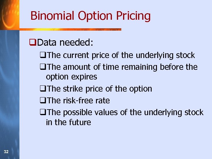 Binomial Option Pricing q. Data needed: q. The current price of the underlying stock