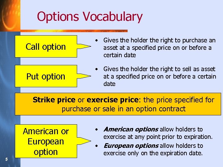 Options Vocabulary Call option • Gives the holder the right to purchase an asset