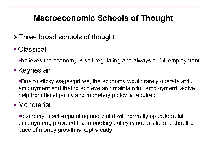 Macroeconomic Schools of Thought ØThree broad schools of thought: § Classical §believes the economy