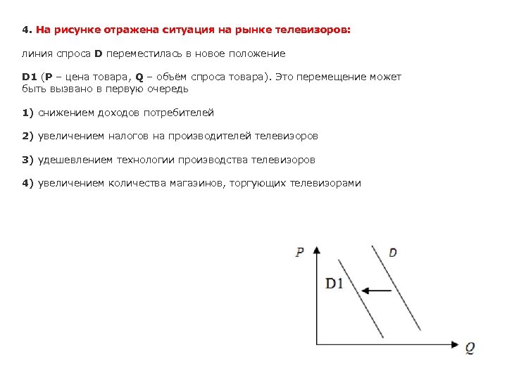 4. На рисунке отражена ситуация на рынке телевизоров: линия спроса D переместилась в новое