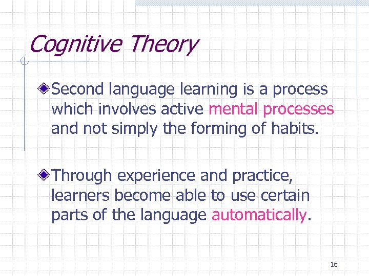 Cognitive Theory Second language learning is a process which involves active mental processes and