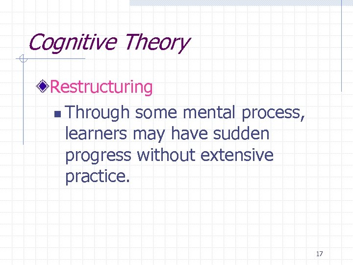 Cognitive Theory Restructuring n Through some mental process, learners may have sudden progress without