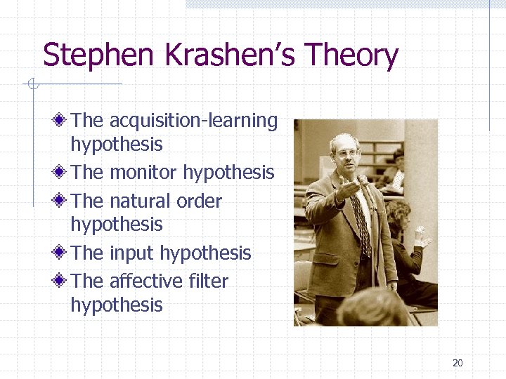 Stephen Krashen’s Theory The acquisition-learning hypothesis The monitor hypothesis The natural order hypothesis The