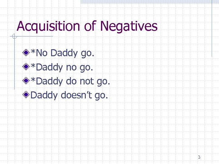 Acquisition of Negatives *No Daddy go. *Daddy no go. *Daddy do not go. Daddy