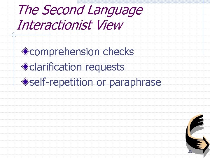 The Second Language Interactionist View comprehension checks clarification requests self-repetition or paraphrase 36 