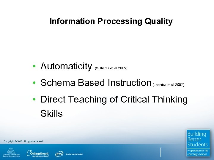 Information Processing Quality • Automaticity (Williams et al 2005) • Schema Based Instruction (Jitendra