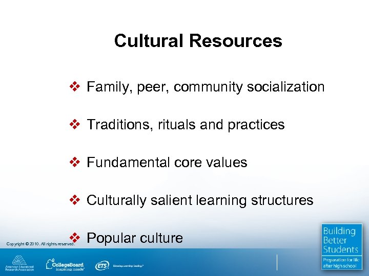 Cultural Resources v Family, peer, community socialization v Traditions, rituals and practices v Fundamental