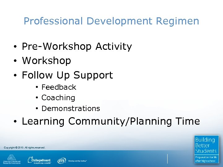 Professional Development Regimen • Pre-Workshop Activity • Workshop • Follow Up Support • Feedback