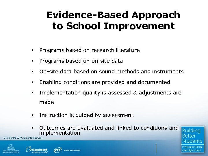 Evidence-Based Approach to School Improvement • Programs based on research literature • Programs based