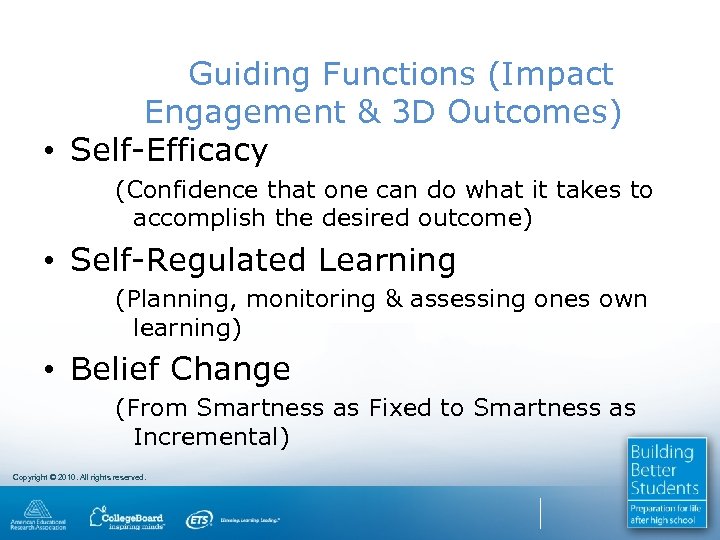 Guiding Functions (Impact Engagement & 3 D Outcomes) • Self-Efficacy (Confidence that one can