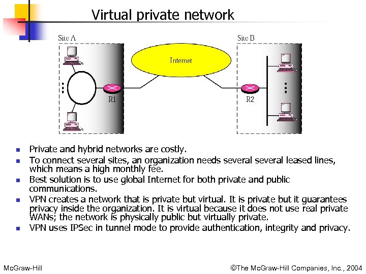 Virtual private network n n n Private and hybrid networks are costly. To connect