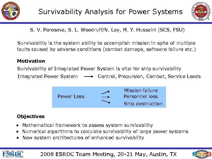 Survivability Analysis for Power Systems S. V. Poroseva, S. L. Woodruff/N. Lay, M. Y.
